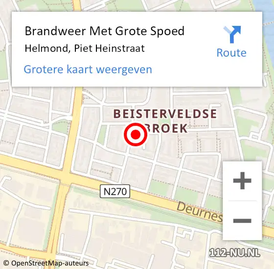 Locatie op kaart van de 112 melding: Brandweer Met Grote Spoed Naar Helmond, Piet Heinstraat op 9 mei 2022 10:22