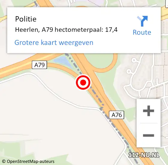 Locatie op kaart van de 112 melding: Politie Heerlen, A79 hectometerpaal: 17,4 op 9 mei 2022 15:21
