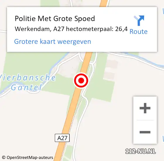 Locatie op kaart van de 112 melding: Politie Met Grote Spoed Naar Werkendam, A27 hectometerpaal: 26,4 op 9 mei 2022 17:11