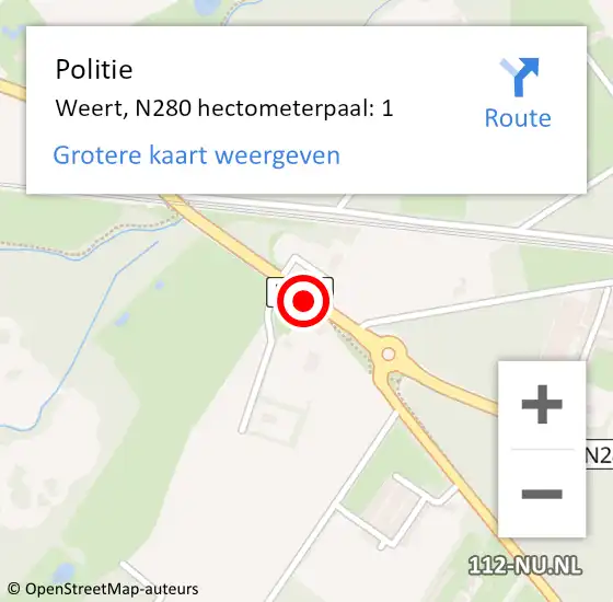 Locatie op kaart van de 112 melding: Politie Weert, N280 hectometerpaal: 1 op 9 mei 2022 18:31