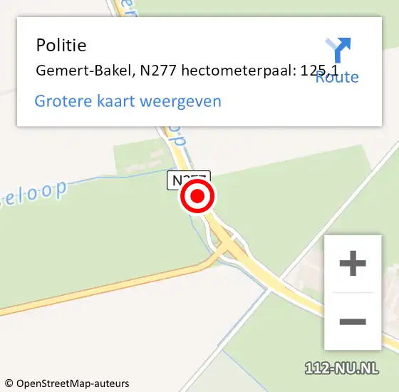 Locatie op kaart van de 112 melding: Politie Gemert-Bakel, N277 hectometerpaal: 125,1 op 10 mei 2022 16:45