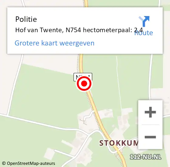 Locatie op kaart van de 112 melding: Politie Hof van Twente, N754 hectometerpaal: 2,4 op 10 mei 2022 21:48