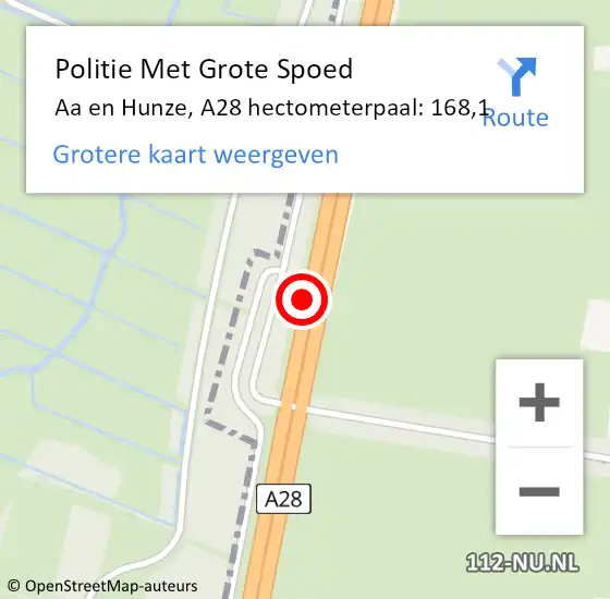 Locatie op kaart van de 112 melding: Politie Met Grote Spoed Naar Midden-Drenthe, A28 hectometerpaal: 168,1 op 10 mei 2022 23:19