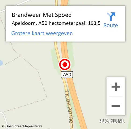 Locatie op kaart van de 112 melding: Brandweer Met Spoed Naar Apeldoorn, A50 hectometerpaal: 193,5 op 11 mei 2022 16:12