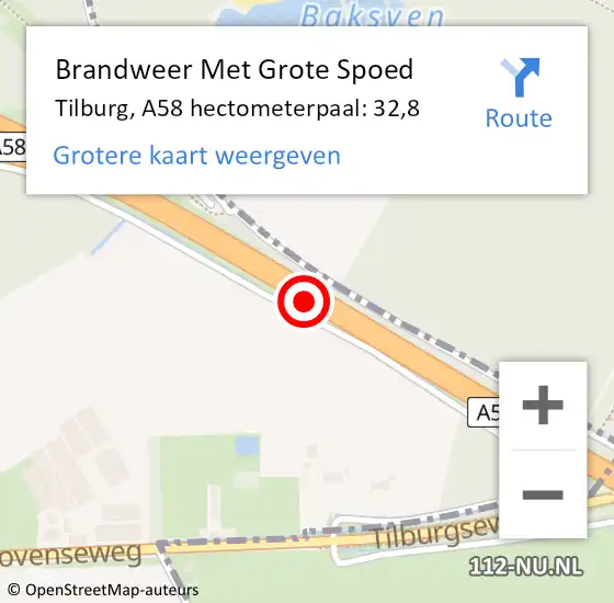 Locatie op kaart van de 112 melding: Brandweer Met Grote Spoed Naar Tilburg, A58 hectometerpaal: 32,8 op 11 mei 2022 21:50