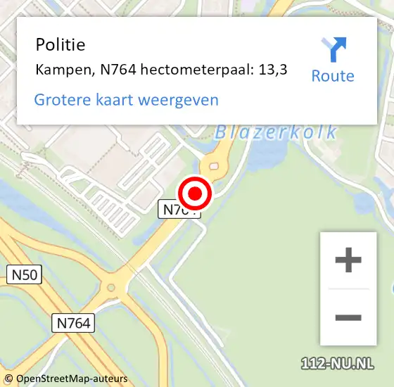 Locatie op kaart van de 112 melding: Politie Kampen, N764 hectometerpaal: 13,3 op 11 mei 2022 22:10