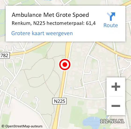 Locatie op kaart van de 112 melding: Ambulance Met Grote Spoed Naar Renkum, N225 hectometerpaal: 61,4 op 11 mei 2022 23:48