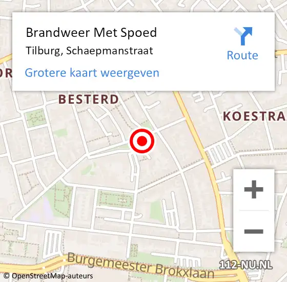 Locatie op kaart van de 112 melding: Brandweer Met Spoed Naar Tilburg, Schaepmanstraat op 12 mei 2022 12:39