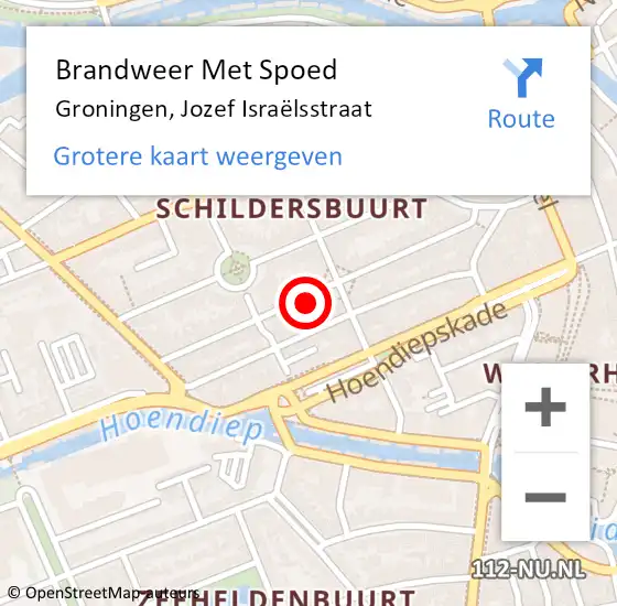 Locatie op kaart van de 112 melding: Brandweer Met Spoed Naar Groningen, Jozef Israëlsstraat op 12 mei 2022 14:53