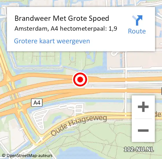 Locatie op kaart van de 112 melding: Brandweer Met Grote Spoed Naar Amsterdam, A4 hectometerpaal: 1,9 op 12 mei 2022 17:14