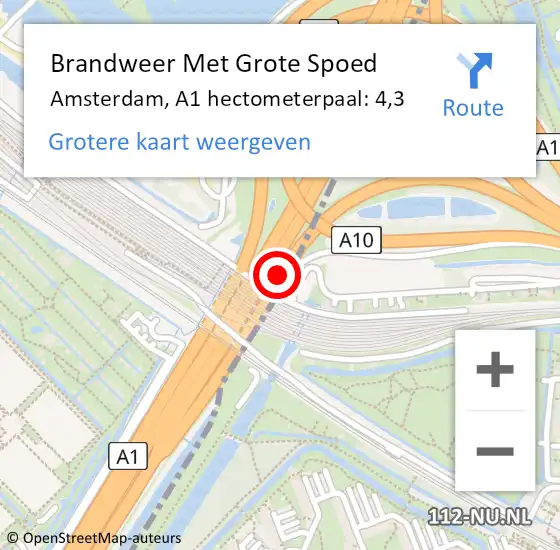 Locatie op kaart van de 112 melding: Brandweer Met Grote Spoed Naar Amsterdam, A1 hectometerpaal: 4,3 op 12 mei 2022 18:39