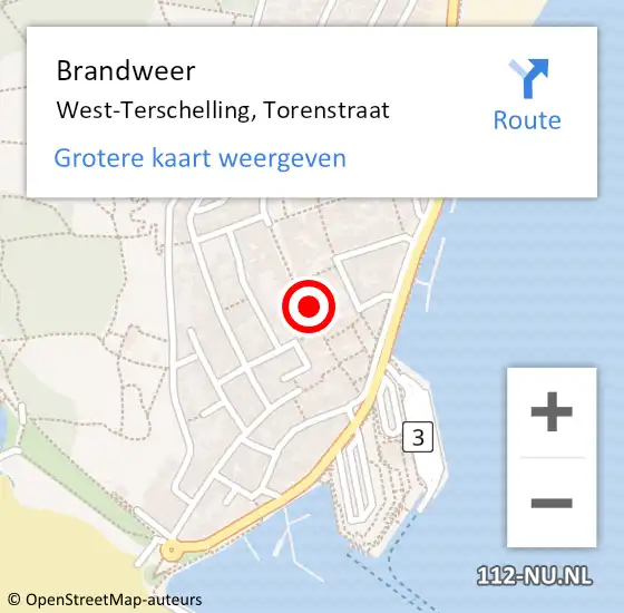 Locatie op kaart van de 112 melding: Brandweer West-Terschelling, Torenstraat op 12 mei 2022 23:33