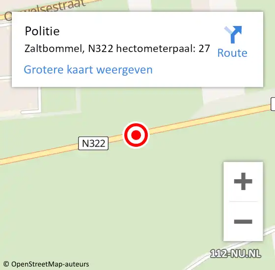 Locatie op kaart van de 112 melding: Politie Zaltbommel, N322 hectometerpaal: 27 op 13 mei 2022 11:37
