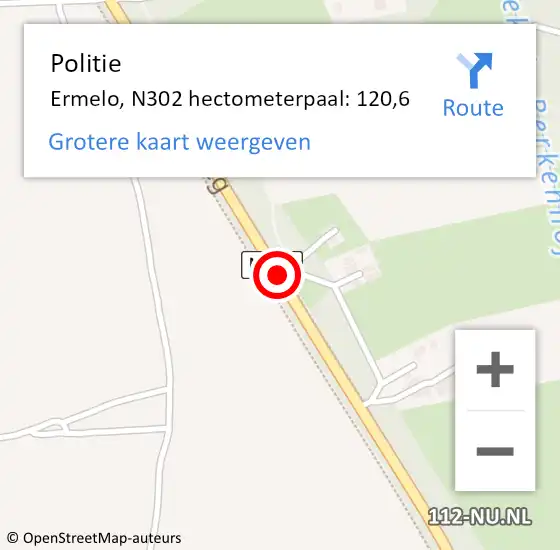 Locatie op kaart van de 112 melding: Politie Ermelo, N302 hectometerpaal: 120,6 op 13 mei 2022 12:20
