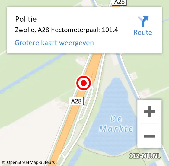 Locatie op kaart van de 112 melding: Politie Zwolle, A28 hectometerpaal: 101,4 op 13 mei 2022 13:03