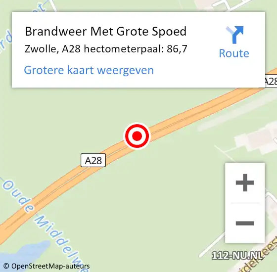 Locatie op kaart van de 112 melding: Brandweer Met Grote Spoed Naar Zwolle, A28 hectometerpaal: 86,7 op 13 mei 2022 14:33