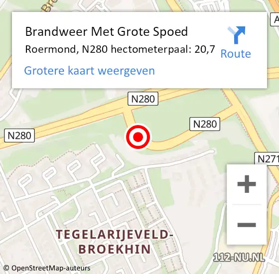 Locatie op kaart van de 112 melding: Brandweer Met Grote Spoed Naar Roermond, N280 hectometerpaal: 20,7 op 13 mei 2022 16:26