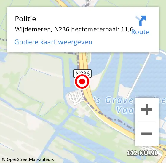Locatie op kaart van de 112 melding: Politie Wijdemeren, N236 hectometerpaal: 11,6 op 13 mei 2022 22:58
