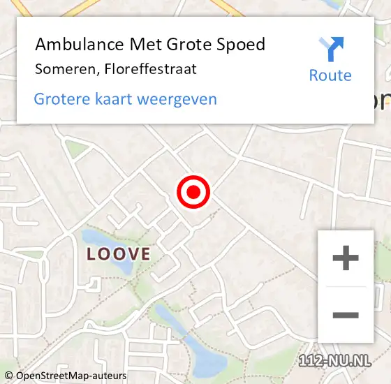 Locatie op kaart van de 112 melding: Ambulance Met Grote Spoed Naar Someren, Floreffestraat op 14 mei 2022 00:26