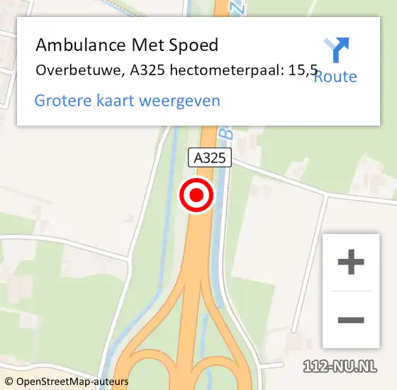 Locatie op kaart van de 112 melding: Ambulance Met Spoed Naar Overbetuwe, A325 hectometerpaal: 15,5 op 15 mei 2022 04:53