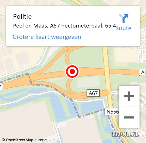 Locatie op kaart van de 112 melding: Politie Peel en Maas, A67 hectometerpaal: 65,4 op 15 mei 2022 08:42