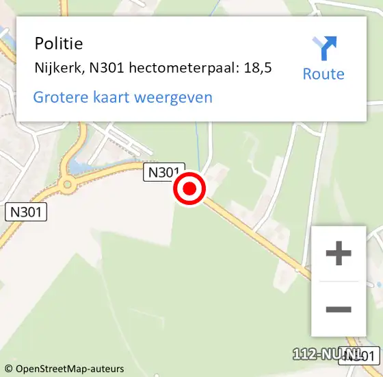 Locatie op kaart van de 112 melding: Politie Nijkerk, N301 hectometerpaal: 18,5 op 15 mei 2022 13:40