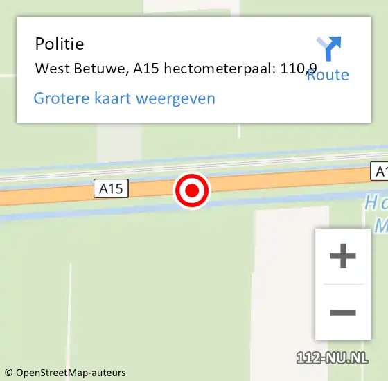 Locatie op kaart van de 112 melding: Politie West Betuwe, A15 hectometerpaal: 110,9 op 15 mei 2022 23:58