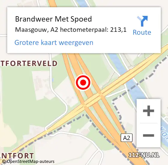 Locatie op kaart van de 112 melding: Brandweer Met Spoed Naar Maasgouw, A2 hectometerpaal: 213,1 op 16 mei 2022 07:02