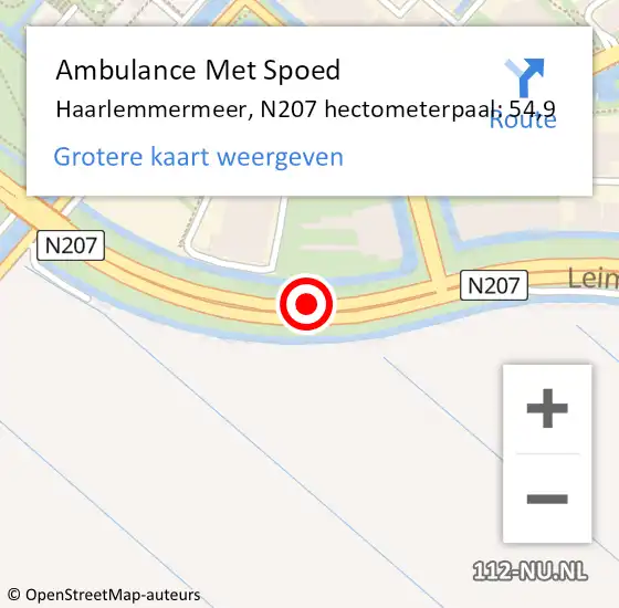 Locatie op kaart van de 112 melding: Ambulance Met Spoed Naar Haarlemmermeer, N207 hectometerpaal: 54,9 op 16 mei 2022 08:14