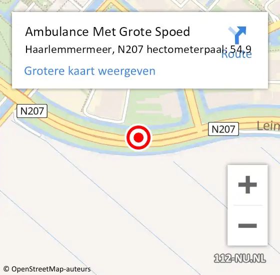 Locatie op kaart van de 112 melding: Ambulance Met Grote Spoed Naar Haarlemmermeer, N207 hectometerpaal: 54,9 op 16 mei 2022 08:24