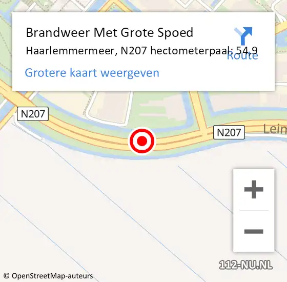 Locatie op kaart van de 112 melding: Brandweer Met Grote Spoed Naar Haarlemmermeer, N207 hectometerpaal: 54,9 op 16 mei 2022 08:24