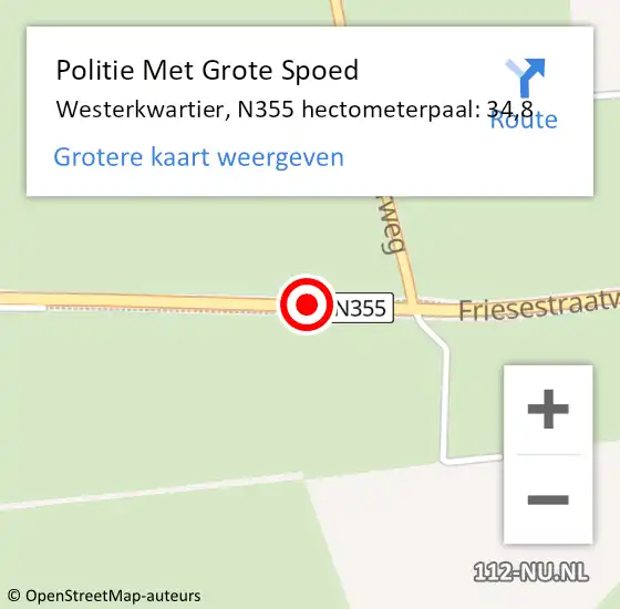 Locatie op kaart van de 112 melding: Politie Met Grote Spoed Naar Westerkwartier, N355 hectometerpaal: 34,8 op 16 mei 2022 15:20