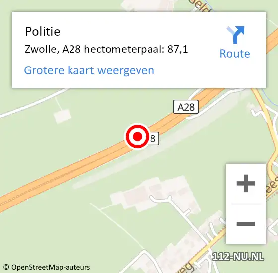 Locatie op kaart van de 112 melding: Politie Zwolle, A28 hectometerpaal: 87,1 op 16 mei 2022 16:56