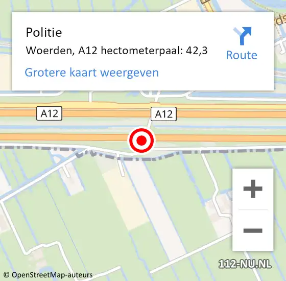 Locatie op kaart van de 112 melding: Politie Woerden, A12 hectometerpaal: 42,3 op 17 mei 2022 03:52