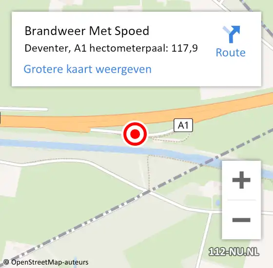 Locatie op kaart van de 112 melding: Brandweer Met Spoed Naar Deventer, A1 hectometerpaal: 117,9 op 17 mei 2022 07:09