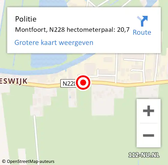 Locatie op kaart van de 112 melding: Politie Montfoort, N228 hectometerpaal: 20,7 op 17 mei 2022 11:22