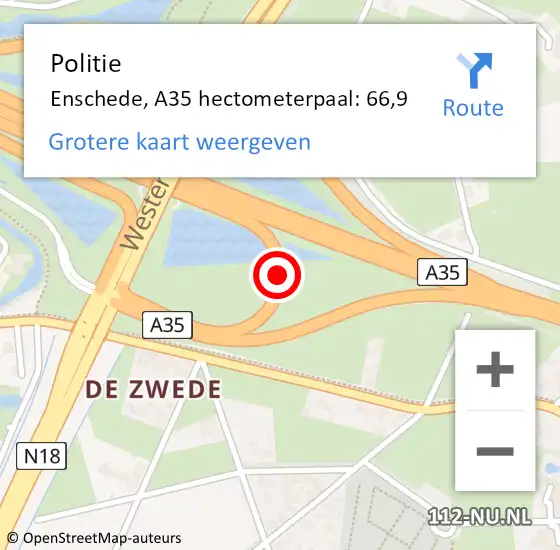 Locatie op kaart van de 112 melding: Politie Enschede, A35 hectometerpaal: 66,9 op 17 mei 2022 15:14