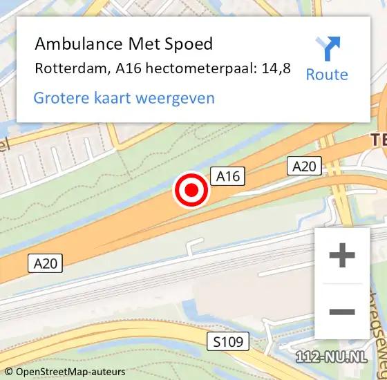 Locatie op kaart van de 112 melding: Ambulance Met Spoed Naar Rotterdam, A16 hectometerpaal: 14,8 op 18 mei 2022 07:31