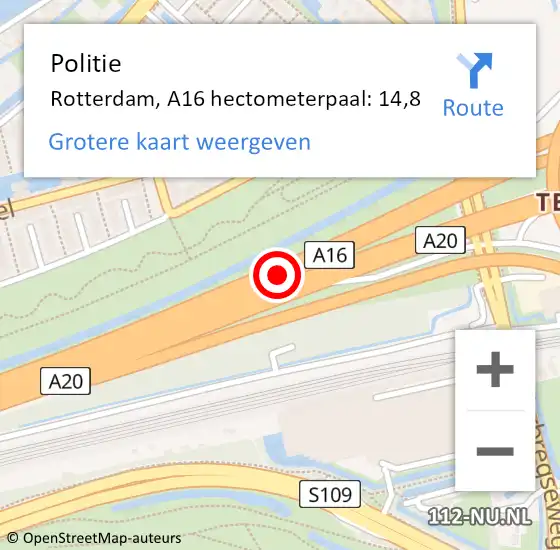 Locatie op kaart van de 112 melding: Politie Rotterdam, A16 hectometerpaal: 14,8 op 18 mei 2022 07:32