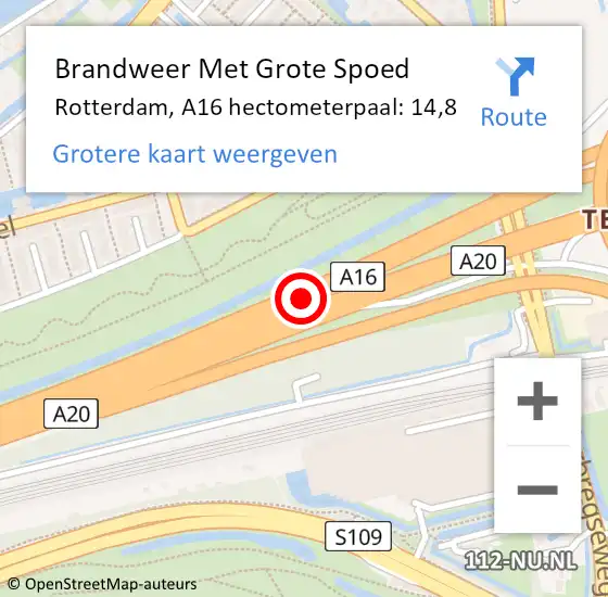 Locatie op kaart van de 112 melding: Brandweer Met Grote Spoed Naar Rotterdam, A16 hectometerpaal: 14,8 op 18 mei 2022 07:39