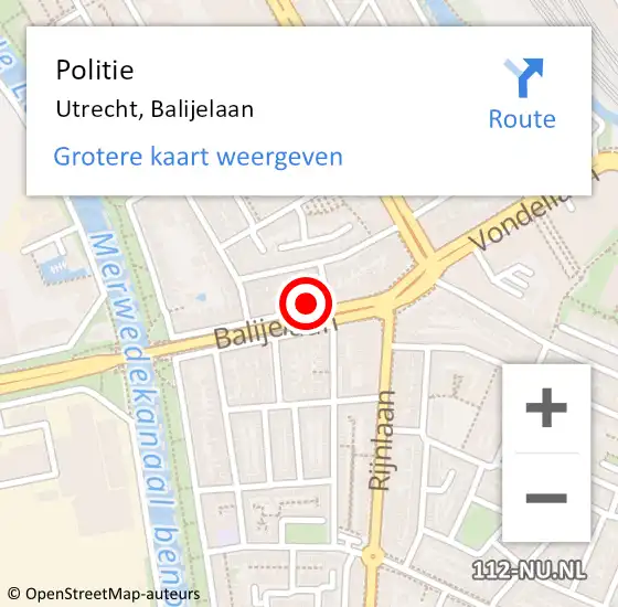 Locatie op kaart van de 112 melding: Politie Utrecht, Balijelaan op 18 mei 2022 15:22