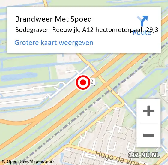 Locatie op kaart van de 112 melding: Brandweer Met Spoed Naar Bodegraven-Reeuwijk, A12 hectometerpaal: 29,3 op 18 mei 2022 19:08