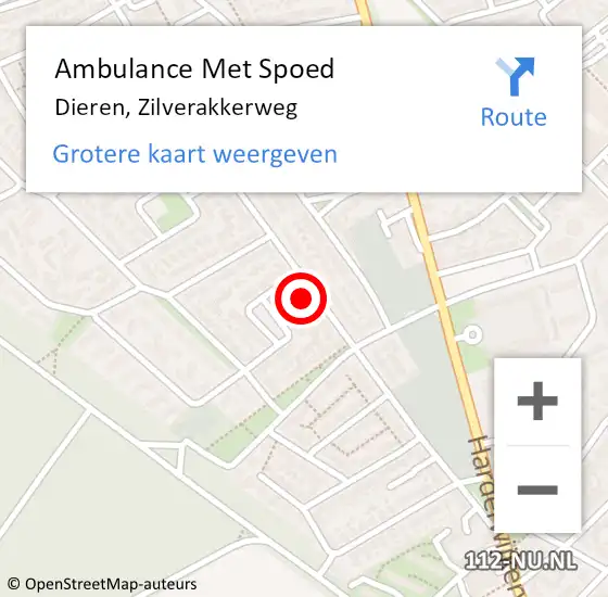Locatie op kaart van de 112 melding: Ambulance Met Spoed Naar Dieren, Zilverakkerweg op 18 mei 2022 20:52