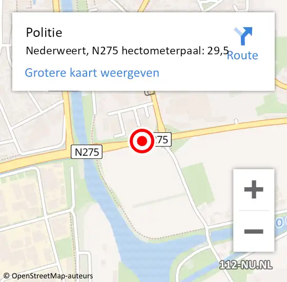 Locatie op kaart van de 112 melding: Politie Nederweert, N275 hectometerpaal: 29,5 op 19 mei 2022 08:52