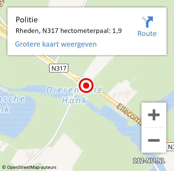 Locatie op kaart van de 112 melding: Politie Rheden, N317 hectometerpaal: 1,9 op 19 mei 2022 14:42