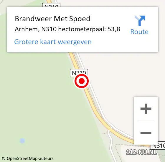 Locatie op kaart van de 112 melding: Brandweer Met Spoed Naar Arnhem, N310 hectometerpaal: 53,8 op 19 mei 2022 14:56