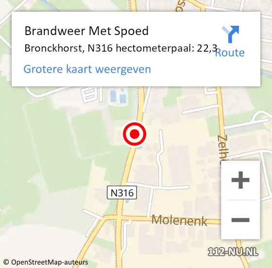 Locatie op kaart van de 112 melding: Brandweer Met Spoed Naar Bronckhorst, N316 hectometerpaal: 22,3 op 19 mei 2022 17:32