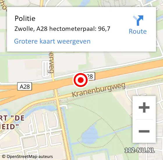 Locatie op kaart van de 112 melding: Politie Zwolle, A28 hectometerpaal: 96,7 op 19 mei 2022 17:55