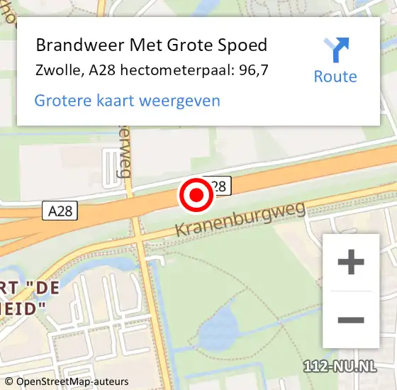 Locatie op kaart van de 112 melding: Brandweer Met Grote Spoed Naar Zwolle, A28 hectometerpaal: 96,7 op 19 mei 2022 17:55