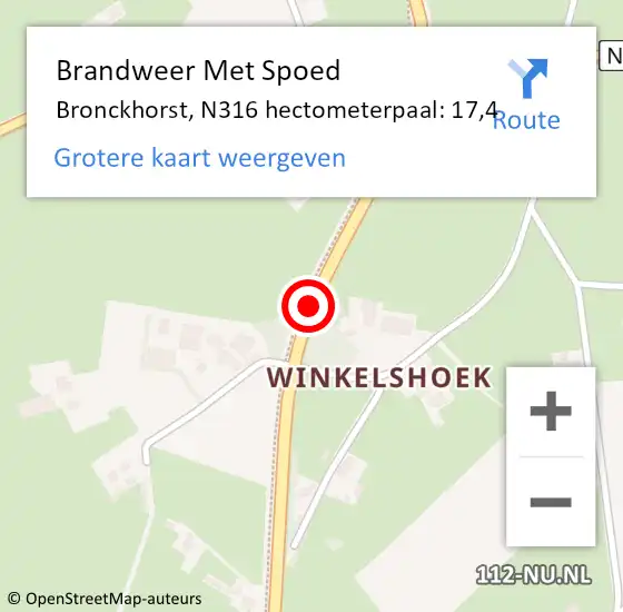 Locatie op kaart van de 112 melding: Brandweer Met Spoed Naar Bronckhorst, N316 hectometerpaal: 17,4 op 20 mei 2022 18:08